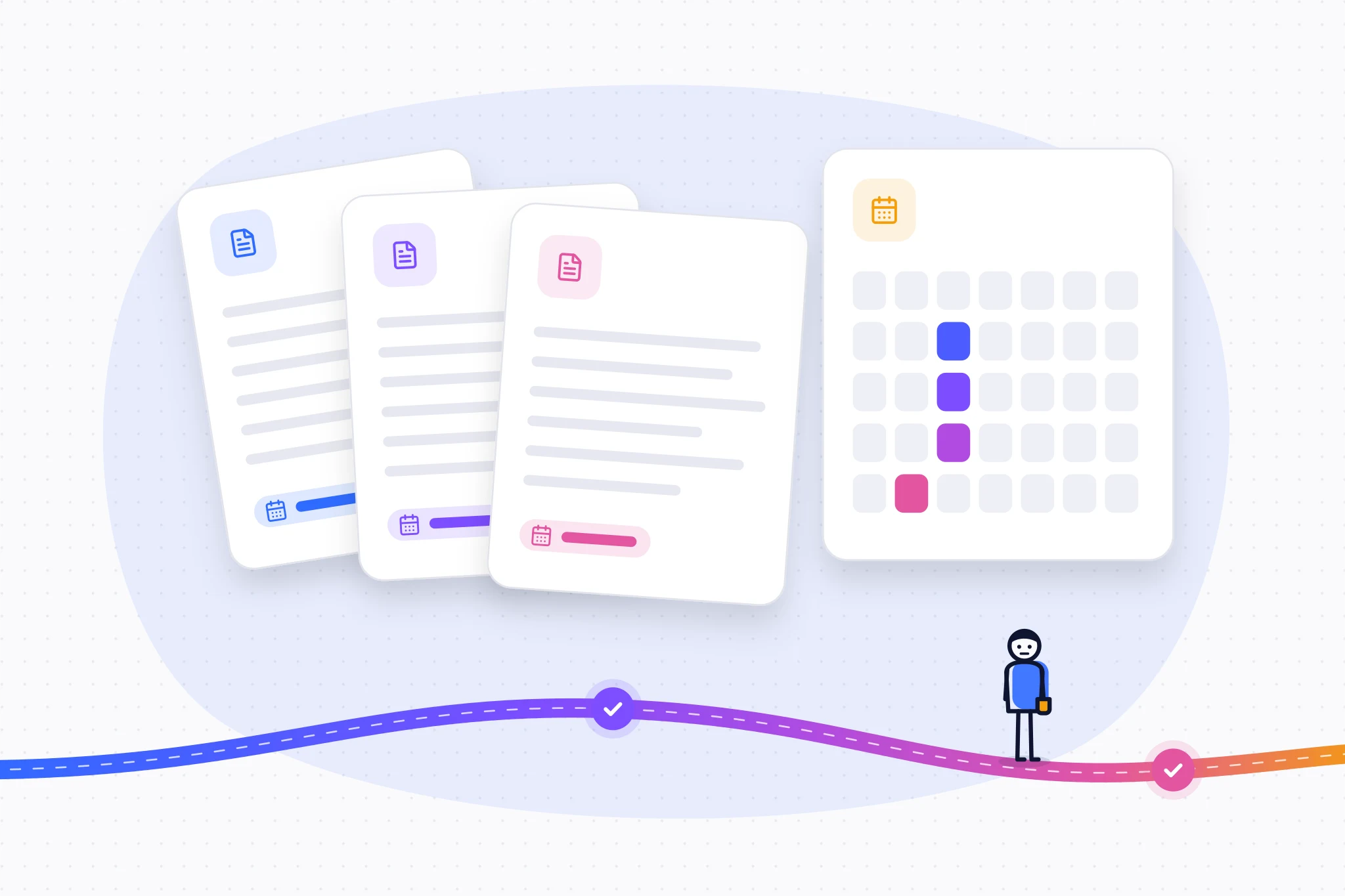 Illustration: the documents of the administrative file, each with its deadline, and the calendar that paces them.